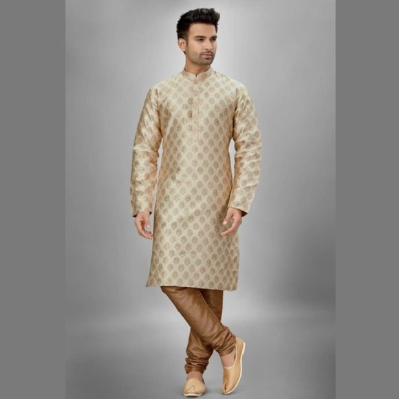 Brocade Silk Kurta Pajama Set - Cream - Picture 1 of 1